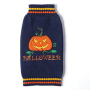 Navy blue knitted dog sweater with orange pumpkin and Halloween text, cozy acrylic pet outfit for fall and Halloween.